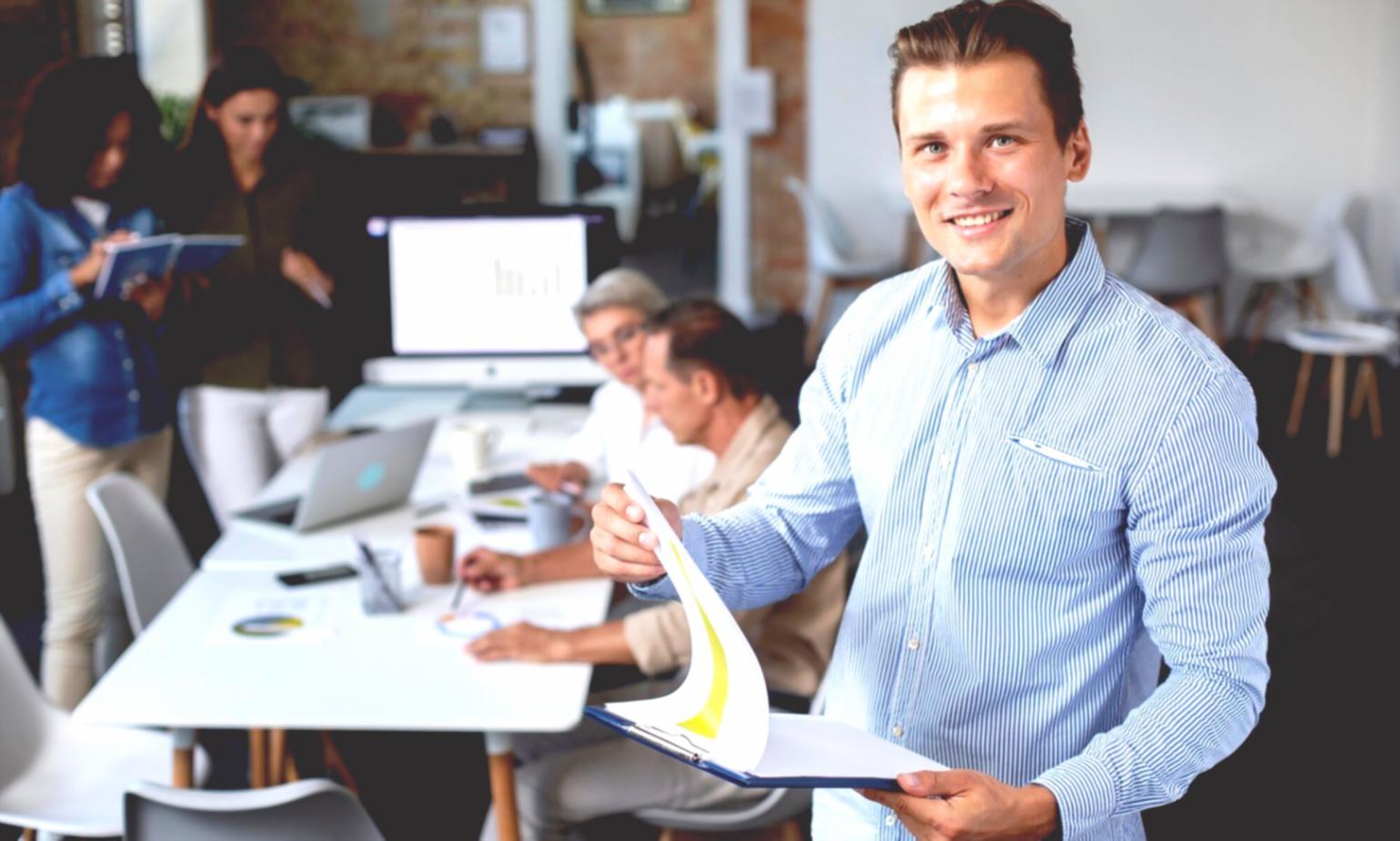 Business professionals collaborating in modern learning environment